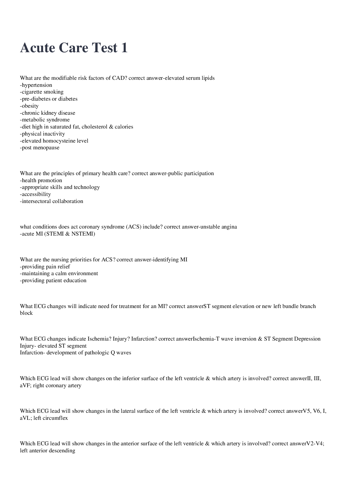 Preview image for Acute Care Test 1 exam 2022/2023 with 100% correct answers